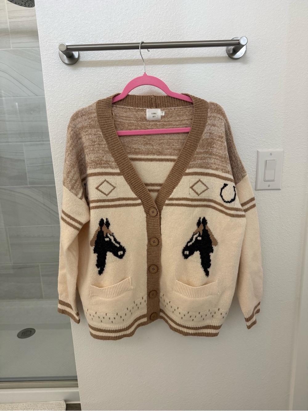 Cozy Horse-Pattern Cream & Brown Button Cardigan Sweater